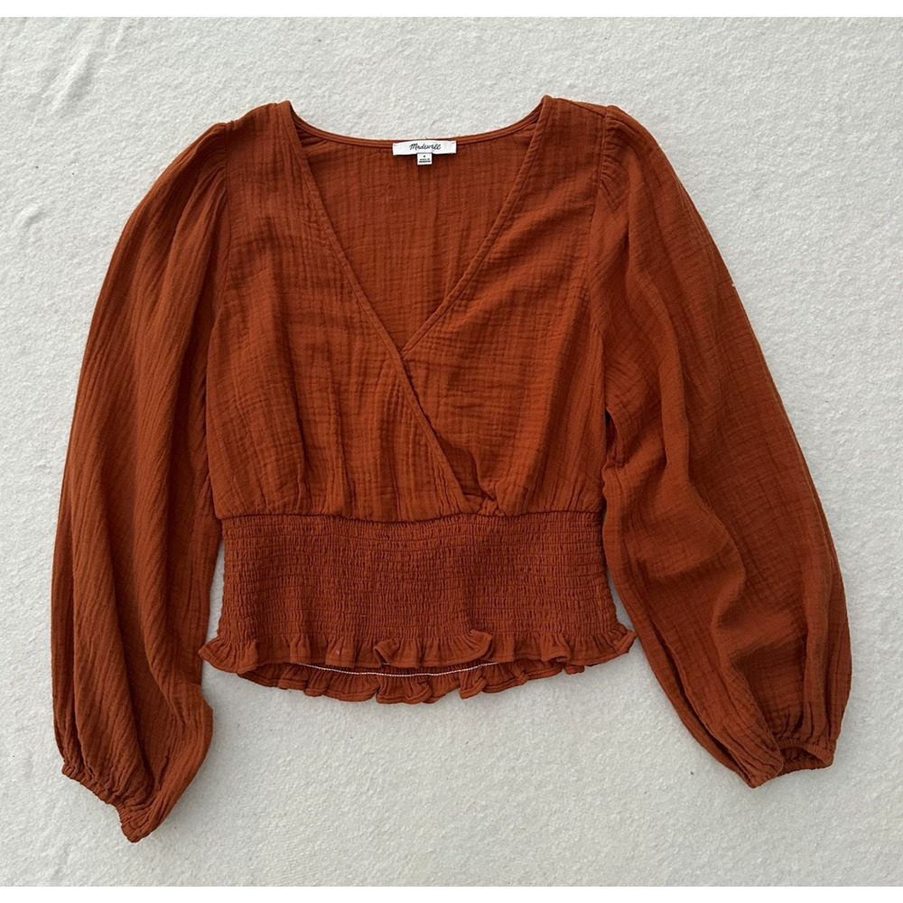 Madewell Lightspun Julianne Smocked-Waist Top Women's S Rust V-Neck Long Sleeve
